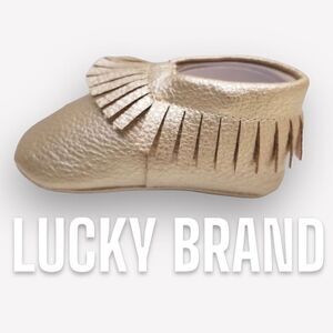 Lucky Brand “Heather” Gold Crib Shoes Fringe Moccasin Style, Size 3 - 6-9 Months